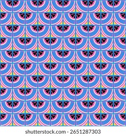 Padrão geométrico abstrato colorido estilo bauhaus. Ilustração da arte pop. papel de parede da arte op. Japonês chinês, africano, marroquino. Estilo Memphis. Raio em volta azulejo, talavera, azulejos espanhóis