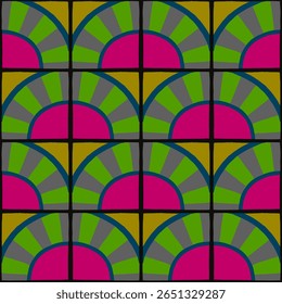 Colorful bauhaus-style abstract geometric pattern. Pop art illustration. op art wallpaper. Japanese Chinese, African, Moroccan pattern. Memphis style. Radius round azulejo, talavera, spanish tiles