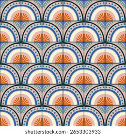Padrão geométrico abstrato colorido estilo bauhaus. Ilustração da arte pop. papel de parede da arte op. Japonês chinês, africano, marroquino. Estilo Memphis. Raio em volta azulejo, talavera, azulejos espanhóis