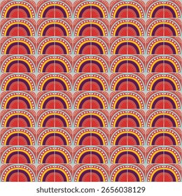 Farbiges abstraktes geometrisches Muster im Bauhaus-Stil. Pop Art Illustration. op art Tapete. japanisches chinesisches, afrikanisches, marokkanisches Muster. Memphis-Stil. Radius round azulejo, talavera, spanische Fliesen