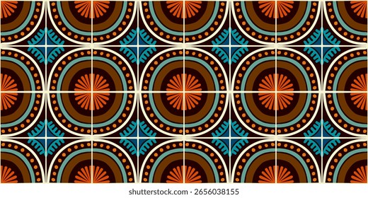 Colorful bauhaus-style abstract geometric pattern. Pop art illustration. op art wallpaper. Japanese Chinese, African, Moroccan pattern. Memphis style. Radius round azulejo, talavera, spanish tiles