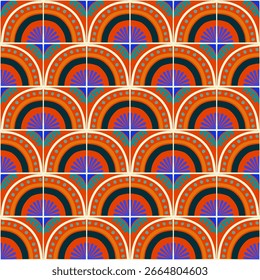 Padrão geométrico abstrato colorido estilo bauhaus. Ilustração da arte pop. papel de parede da arte op. Japonês chinês, africano, marroquino. Estilo Memphis. Raio em volta azulejo, talavera, azulejos espanhóis