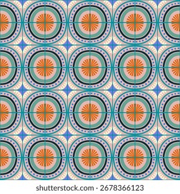 Patrón geométrico abstracto de estilo bauhaus colorido. Ilustración de arte Pop. Fondo de pantalla de arte op. Patrón japonés, chino, africano, marroquí. Al estilo de Memphis. Radio redondo azulejo, talavera, azulejos españoles