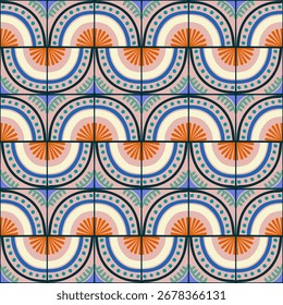Colorful bauhaus-style abstract geometric pattern. Pop art illustration. op art wallpaper. Japanese Chinese, African, Moroccan pattern. Memphis style. Radius round azulejo, talavera, spanish tiles