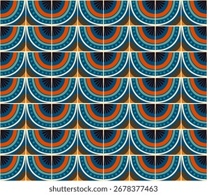 Farbiges abstraktes geometrisches Muster im Bauhaus-Stil. Pop Art Illustration. op art Tapete. japanisches chinesisches, afrikanisches, marokkanisches Muster. Memphis-Stil. Radius round azulejo, talavera, spanische Fliesen