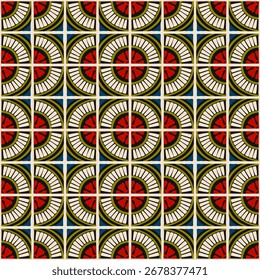 Patrón geométrico abstracto de estilo bauhaus colorido. Ilustración de arte Pop. Fondo de pantalla de arte op. Patrón japonés, chino, africano, marroquí. Al estilo de Memphis. Radio redondo azulejo, talavera, azulejos españoles