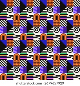 Patrón geométrico abstracto de estilo bauhaus colorido. Ilustración de arte Pop. Fondo de pantalla de arte op. Patrón japonés, chino, africano, marroquí. Al estilo de Memphis. Radio redondo azulejo, talavera, azulejos españoles
