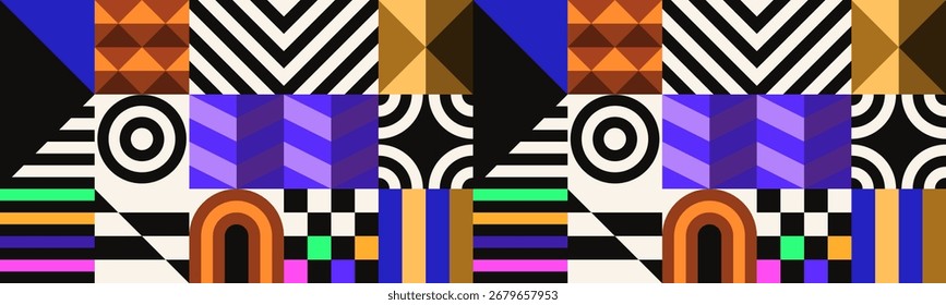Colorful bauhaus-style abstract geometric pattern. Pop art illustration. op art wallpaper. Japanese Chinese, African, Moroccan pattern. Memphis style. Radius round azulejo, talavera, spanish tiles