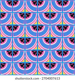 Farbiges abstraktes geometrisches Muster im Bauhaus-Stil. Pop Art Illustration. op art Tapete. japanisches chinesisches, afrikanisches, marokkanisches Muster. Memphis-Stil. Radius round azulejo, talavera, spanische Fliesen