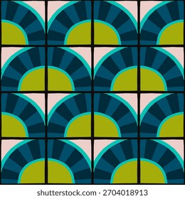 Farbiges abstraktes geometrisches Muster im Bauhaus-Stil. Pop Art Illustration. op art Tapete. japanisches chinesisches, afrikanisches, marokkanisches Muster. Memphis-Stil. Radius round azulejo, talavera, spanische Fliesen