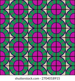 Farbiges abstraktes geometrisches Muster im Bauhaus-Stil. Pop Art Illustration. op art Tapete. japanisches chinesisches, afrikanisches, marokkanisches Muster. Memphis-Stil. Radius round azulejo, talavera, spanische Fliesen