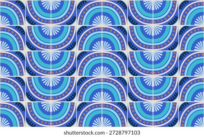 Farbiges abstraktes geometrisches Muster im Bauhaus-Stil. Pop Art Illustration. op art Tapete. japanisches chinesisches, afrikanisches, marokkanisches Muster. Memphis-Stil. Radius round azulejo, talavera, spanische Fliesen