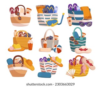 Colorful Beach Bags Set. Vibrant, Spacious, Versatile Bags Perfect For Carrying All Your Essentials To The Beach Or Pool. Trendy, Durable, And Functional Bags with Stuff. Cartoon Vector Illustration