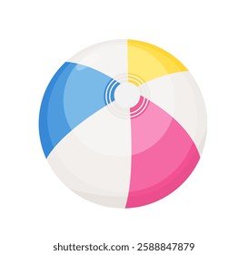 Colorful beach ball with blue, pink, yellow, and white segments on a white background. The ball appears glossy with light reflections. Concept of summer fun and beach activities. Vector illustration