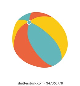 Colorful beach ball in flat style. Yellow, red, blue stripes. Summer symbol. Baby shower design element.  Cartoon handdrawn vector eps 10 illustration isolated on white background. 