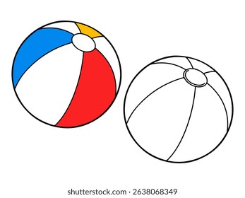 Colorful beach ball illustration, with one colored version and one black and white outline. Ideal for summer fun graphics or coloring pages.