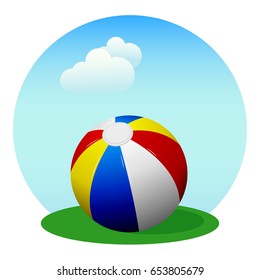 Colorful beach ball on the background of the summer sky with clouds.