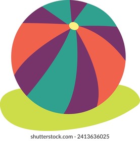 Colorful beach ball on a green flat surface. Multicolored summer toy with stripes. Seasonal recreation and beach fun concept vector illustration.