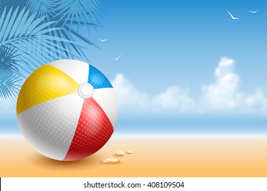 Colorful Beach Ball On The Seaside At Sunny Day. Bright And Glossy Ball For Fun At The Beach. Vector Illustration. 