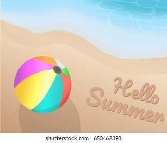 Colorful beach ball on the beach and writing Hello Summer on the sand with the blue tone of wave. illustration. vector. graphic design. summer season.