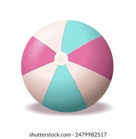 Bola de playa colorida con paneles azul rosado y blanco diseño 3D realista aislado en el juguete de verano del fondo blanco