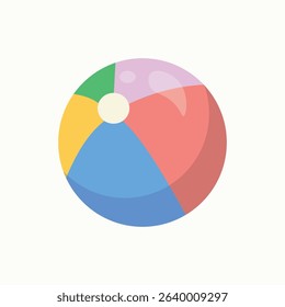 Colorful beach ball, presented in a flat design style. The ball is round and divided into four sections of different colors.  A small white object is positioned centrally.