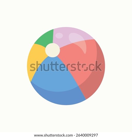 Colorful beach ball, presented in a flat design style. The ball is round and divided into four sections of different colors.  A small white object is positioned centrally.