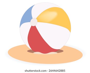 A colorful beach ball rests on a sandy surface summer ball