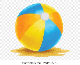 Colorful beach ball with yellow, orange, and blue panels resting on sandy surface, summer holiday vibe illustration.vector
