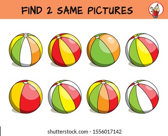 Colorful beach balls. Find two same pictures. Educational game for children. Cartoon vector illustration
