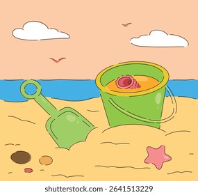 A Colorful Beach Bucket and Shovel in Soft Sand Under a Bright Sky, Great for Summer Fun