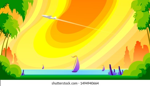 Colorful beach by the ocean with yachts in the background