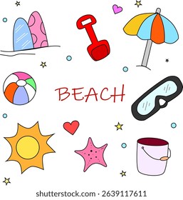 Colorful Beach Elements Vector Set – Fun Summer Vacation Illustration with Umbrella, Ball, Starfish, and Sun Icons for Holiday and Travel Designs