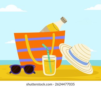 Colorful beach essentials with sunglasses, drink, and hat by the seaside