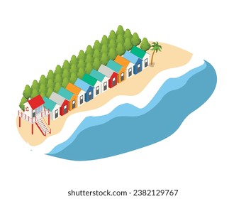 Colorful beach houses, Huts and bungalow on sandy beach isometric 3d vector illustration concept