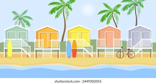 Colorful beach houses with surfboards and palm trees by the ocean. Vector flat illustration.