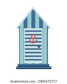 A colorful beach hut with an anchor on the door. Illustration in a flat style.