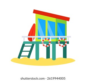 Colorful beach hut standing on sandy beach with surfboard and lifebuoy rings