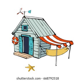 Colorful Beach Hut Vector.   Beach house with a hammock. Wind flag.