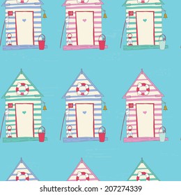Colorful Beach Hut Vector seamless pattern