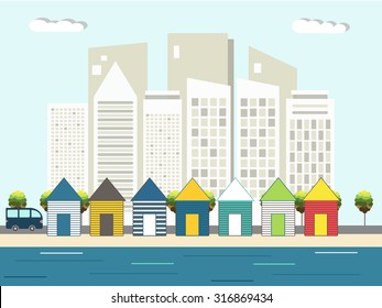 Colorful Beach Huts, City Background