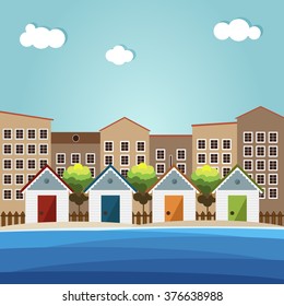 Colorful Beach Huts, City Background
