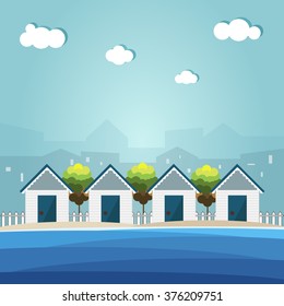 Colorful Beach Huts, City Haze