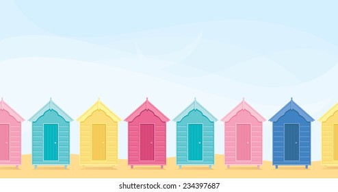 Colorful beach huts with copy space.