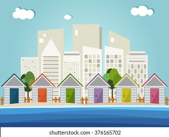 Colorful Beach Huts, Skylines Background