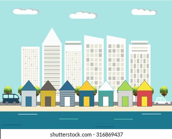 Colorful Beach Huts, Skyscrapers Background