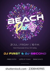 Colorful beach party poster with neon fireworks. Summertime backgrounds. Invitation flyer design.Bright neon brochure, modern trend design, light banner, typography invitation to the party.