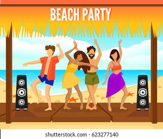 Colorful beach party template with dancing people in different clothing in flat style vector illustration
