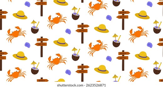 Colorful beach pattern featuring crabs, hats, and fresh coconuts with signs