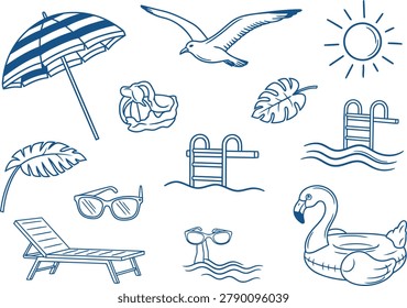 Colorful beach and poolside icons set with umbrella, swan, and sun